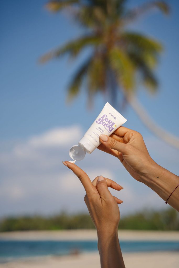 Feel Good Sunscreen SPF 30 with palm tree in the background